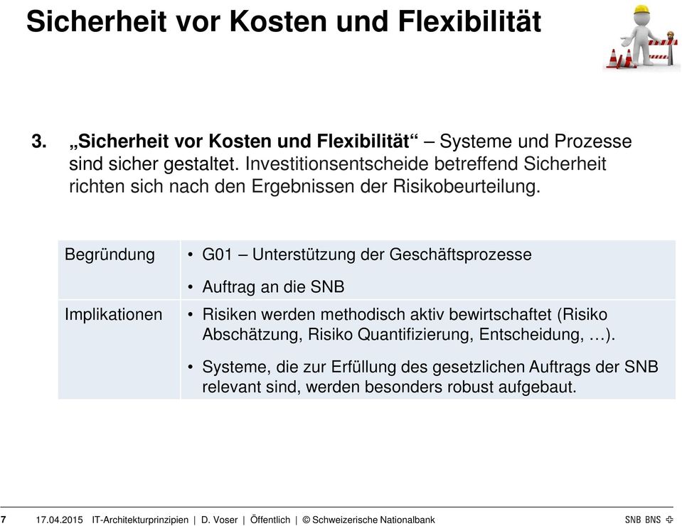 Begründung Implikationen G01 Unterstützung der Geschäftsprozesse Auftrag an die SNB Risiken werden methodisch aktiv bewirtschaftet