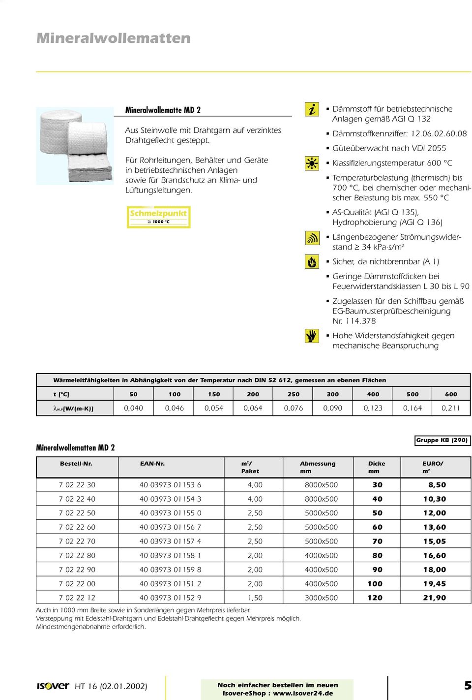 Schmelzpunkt p 1000 C Dämmstoff für betriebstechnische Anlagen gemäß AGI Q 132 Dämmstoffkennziffer: 12.06.02.60.