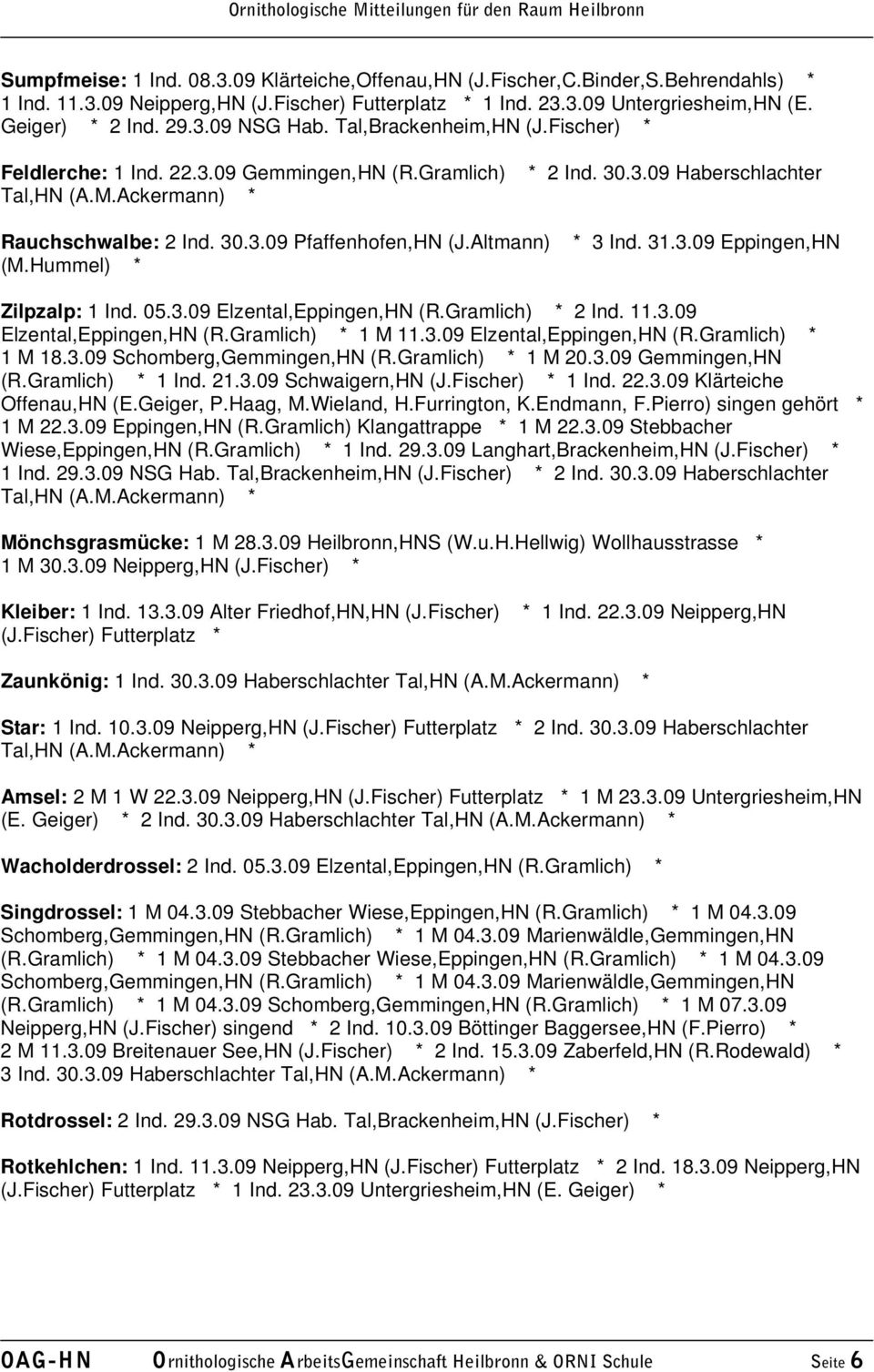 31.3.09 Eppingen,HN Zilpzalp: 1 Ind. 05.3.09 Elzental,Eppingen,HN (R.Gramlich) * 2 Ind. 11.3.09 Elzental,Eppingen,HN (R.Gramlich) * 1 M 11.3.09 Elzental,Eppingen,HN (R.Gramlich) * 1 M 18.3.09 Schomberg,Gemmingen,HN (R.