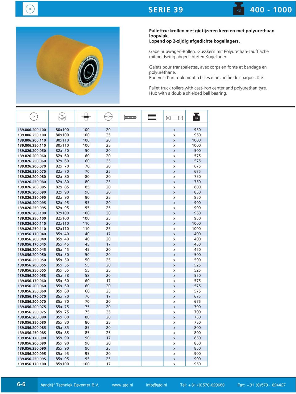 Pourvus d'un roulement à billes étanchéifié de chaque côté. Pallet truck rollers with cast-iron center and polyurethan tyre. Hub with a double shielded ball bearing. 139.806.200.