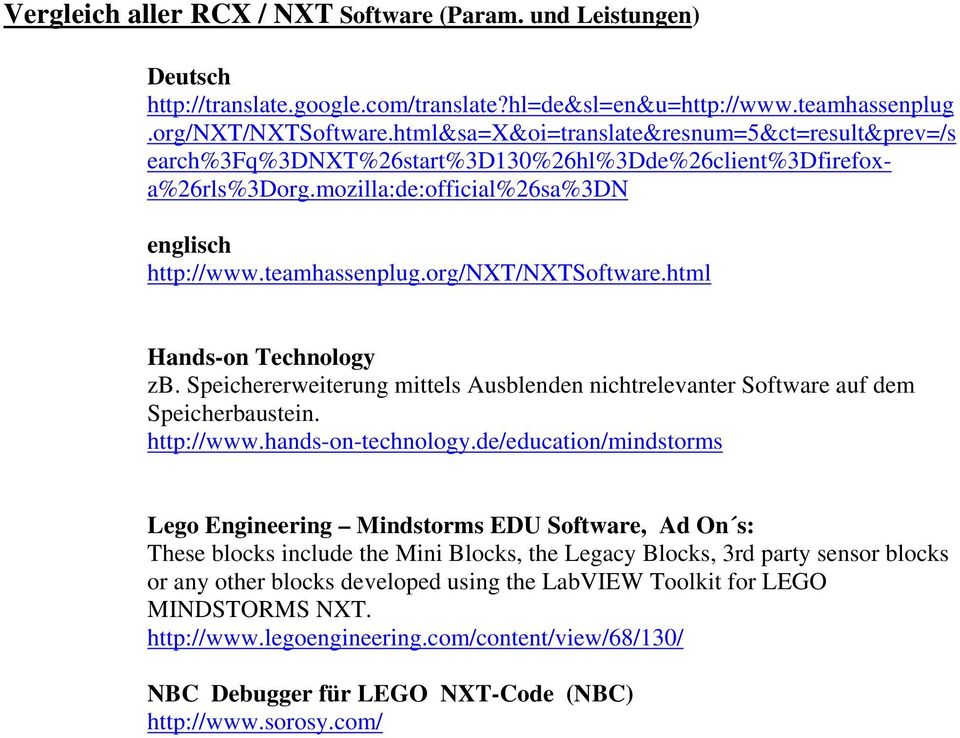 org/nxt/nxtsoftware.html Hands-on Technology zb. Speichererweiterung mittels Ausblenden nichtrelevanter Software auf dem Speicherbaustein. http://www.hands-on-technology.
