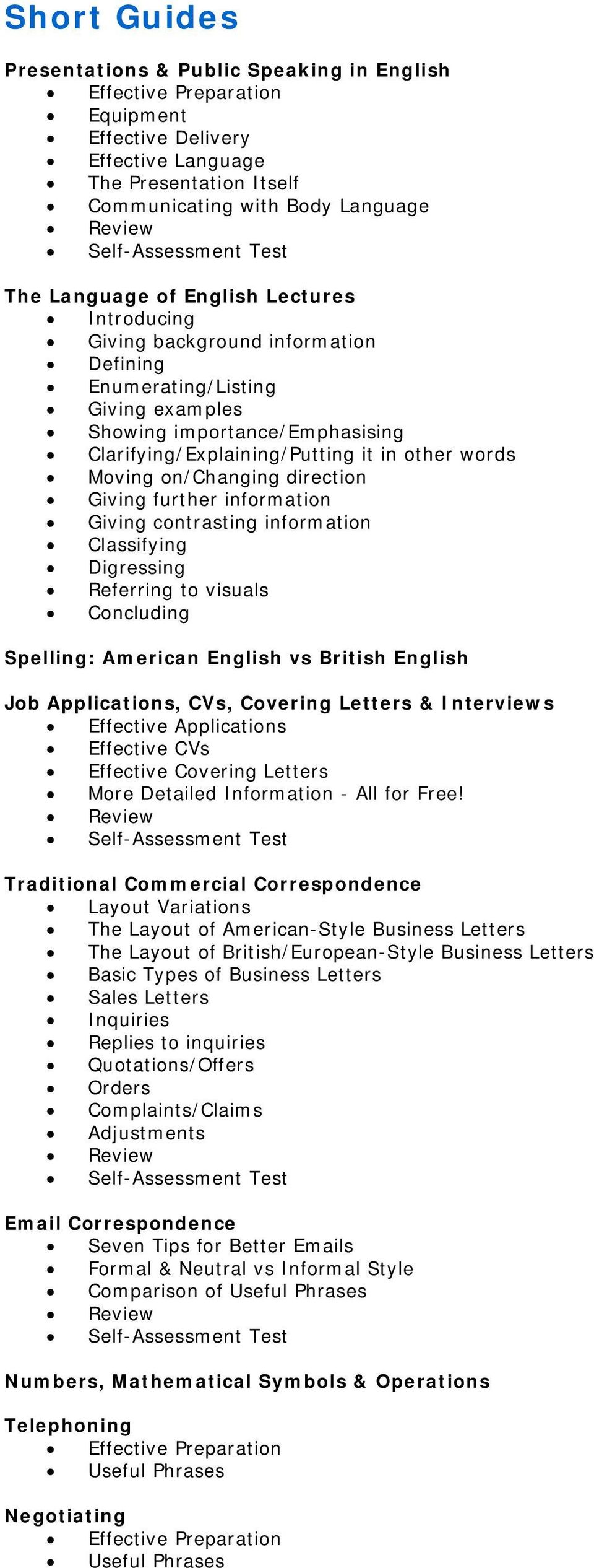 on/changing direction Giving further information Giving contrasting information Classifying Digressing Referring to visuals Concluding Spelling: American English vs British English Job Applications,