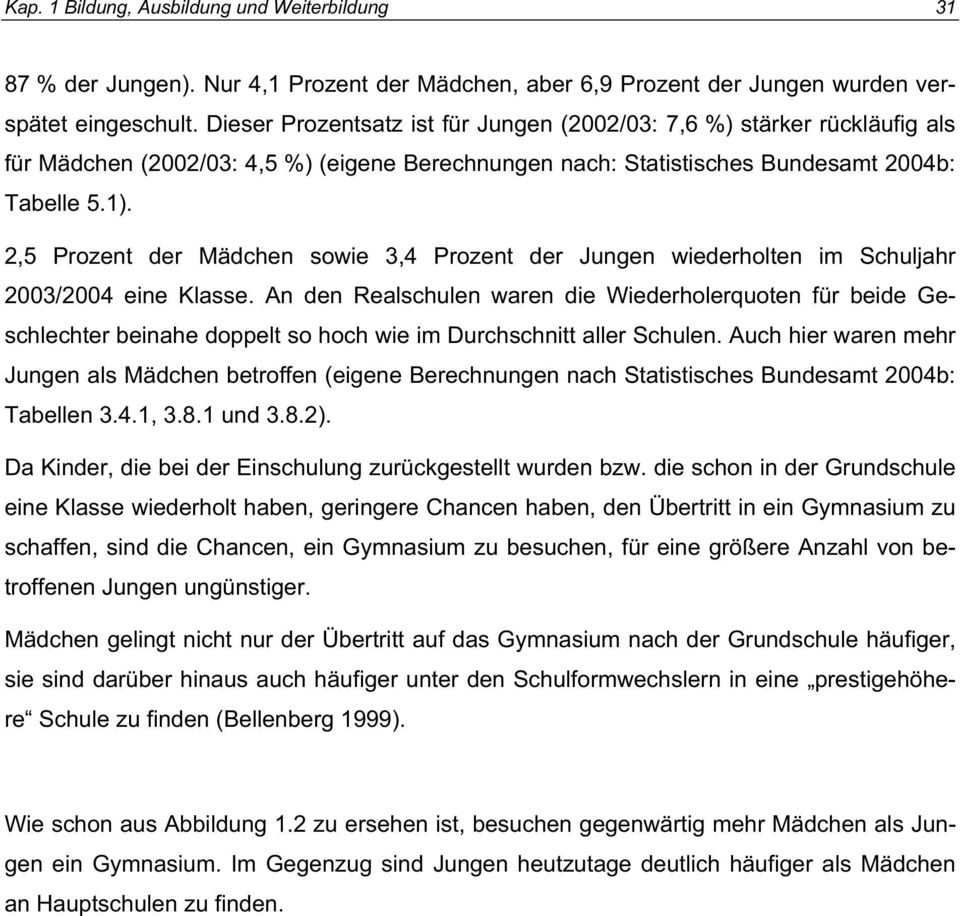 2,5 Prozent der Mädchen sowie 3,4 Prozent der Jungen wiederholten im Schuljahr 2003/2004 eine Klasse.