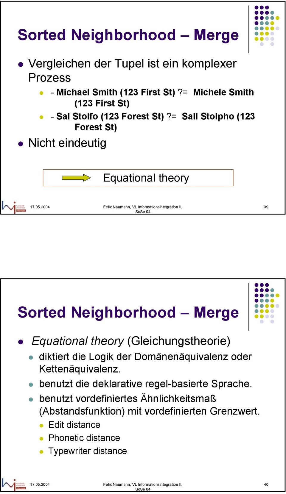 = Sall Stolpho ( Forest St) Nicht eindeutig Equational theory 9 Sorted Neighborhood Merge Equational theory (Gleichungstheorie)