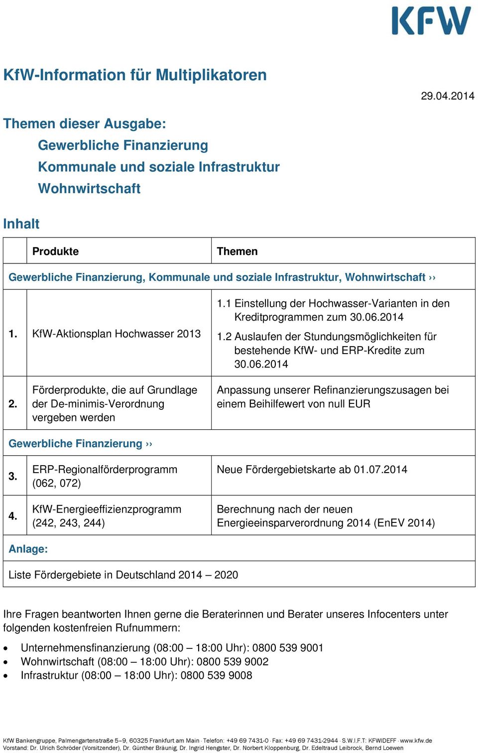 Wohnwirtschaft 1. KfW-Aktionsplan Hochwasser 2013 1.1 Einstellung der Hochwasser-Varianten in den Kreditprogrammen zum 30.06.2014 1.