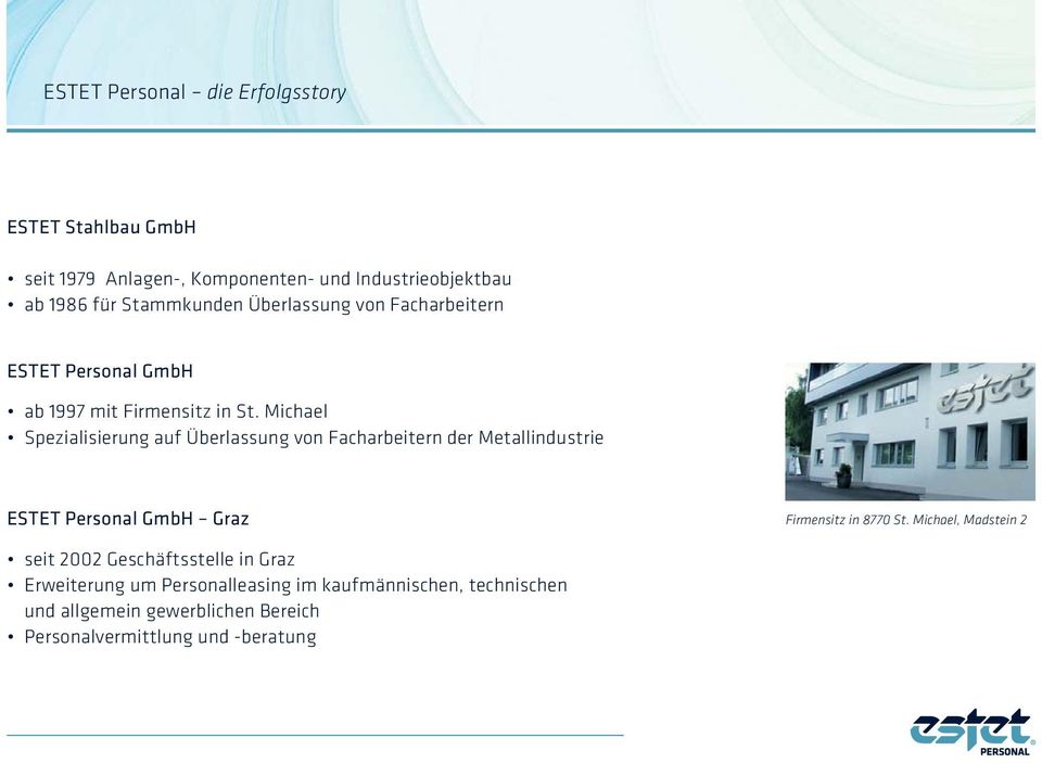 Michael Spezialisierung auf Überlassung von Facharbeitern der Metallindustrie ESTET Personal GmbH Graz Firmensitz in 8770 St.