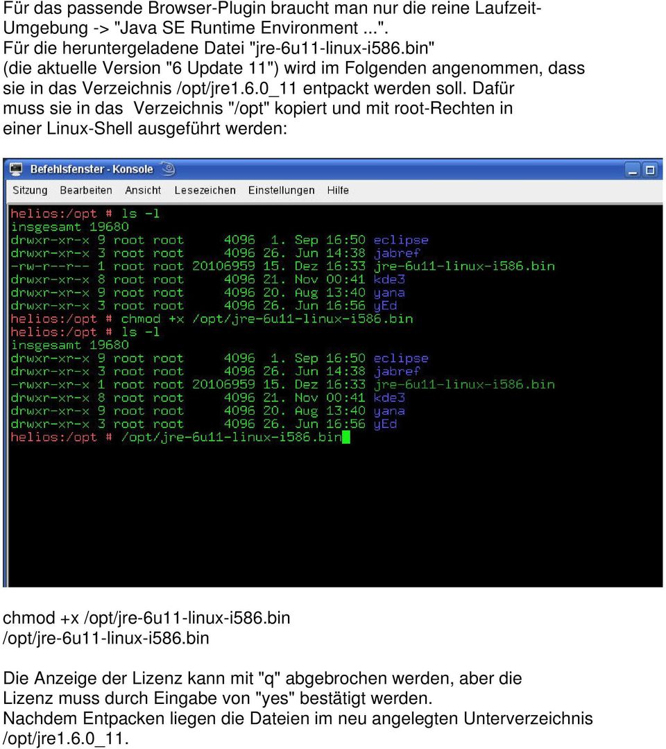 Dafür muss sie in das Verzeichnis "/opt" kopiert und mit root-rechten in einer Linux-Shell ausgeführt werden: chmod +x /opt/jre-6u11-linux-i586.bin /opt/jre-6u11-linux-i586.