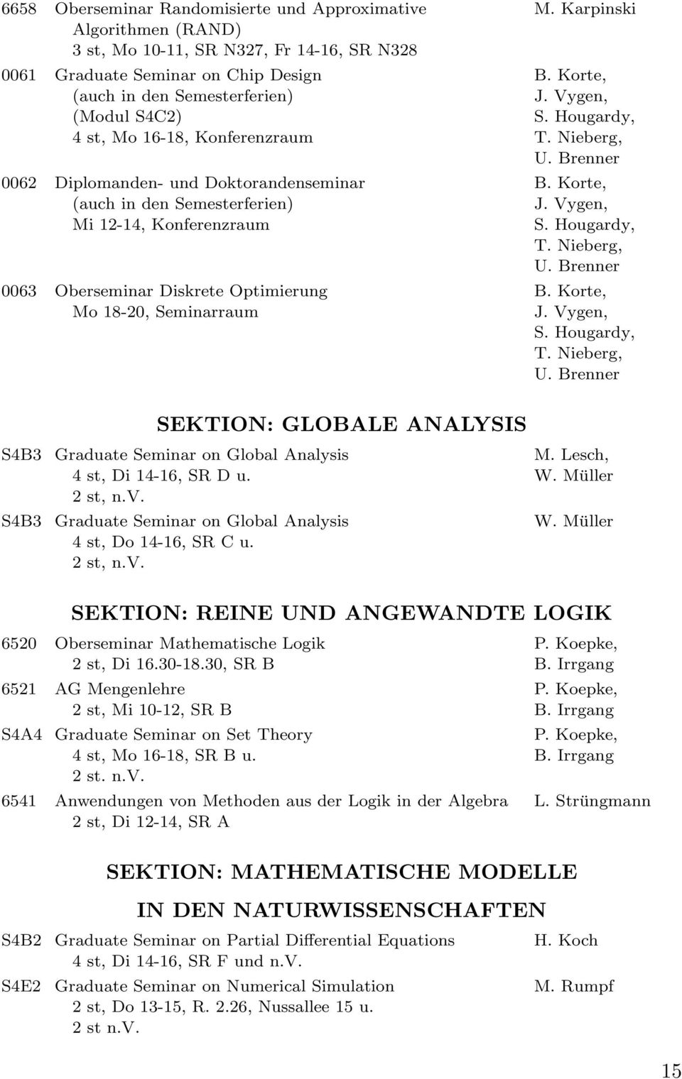 Karpinski S4B3 S4B3 SEKTION: GLOBALE ANALYSIS Graduate Seminar on Global Analysis 4 st, Di 14-16, SR D u. Graduate Seminar on Global Analysis 4 st, Do 14-16, SR C u. M. Lesch, W. Müller W.