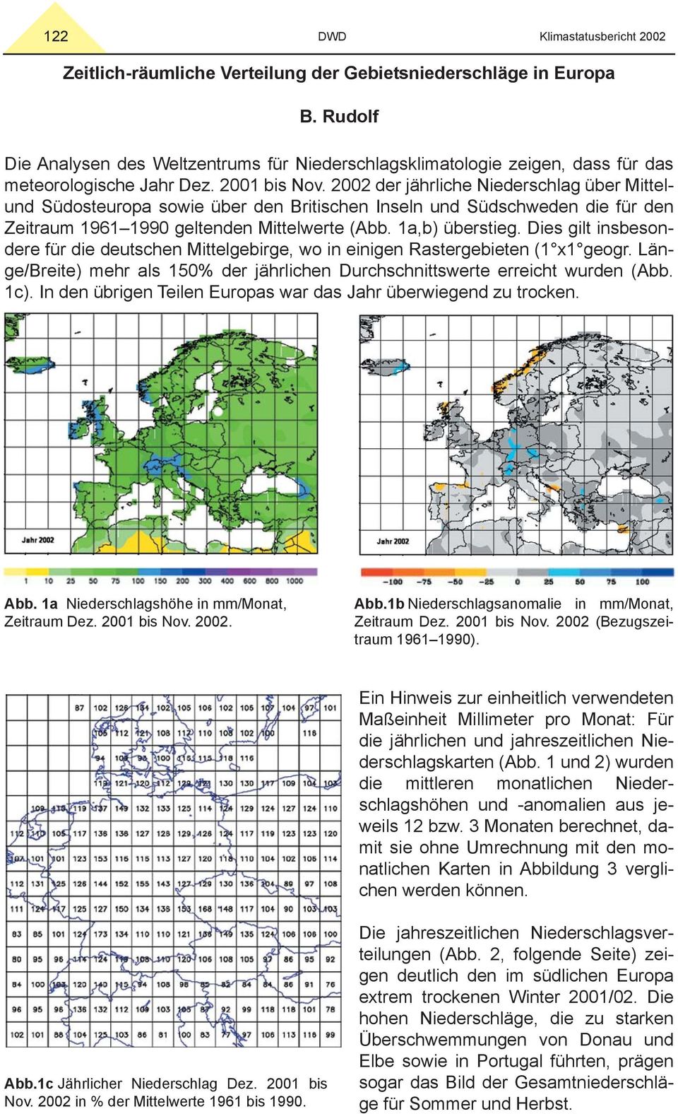 2002 der jährliche Niederschlag über Mittelund Südosteuropa sowie über den Britischen Inseln und Südschweden die für den Zeitraum 1961 1990 geltenden Mittelwerte (Abb. 1a,b) überstieg.