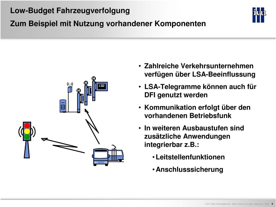 vorhandenen Betriebsfunk In weiteren Ausbaustufen sind zusätzliche Anwendungen integrierbar z.b.: Leitstellenfunktionen Anschlusssicherung IVU Traffic Technologies AG.