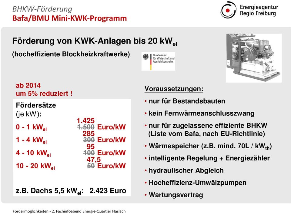 423 Euro Voraussetzungen: nur für Bestandsbauten kein Fernwärmeanschlusszwang nur für zugelassene effiziente BHKW