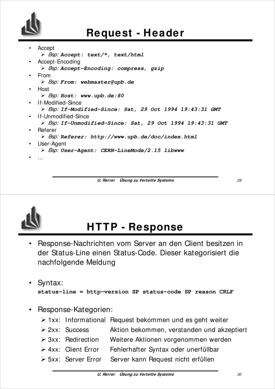 Bsp: User-Agent: CERN-LineMode/2.15 libwww U. Rerrer Übung zu Verteilte Systeme 29 HTTP - Response Response-Nachrichten vom Server an den Client besitzen in der Status-Line einen Status-Code.