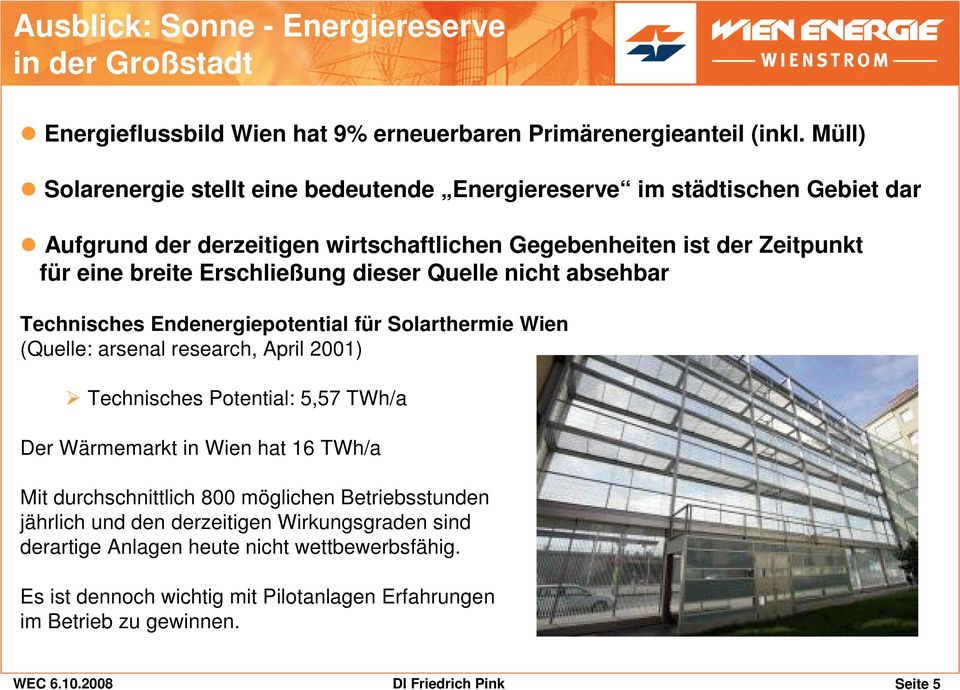 Erschließung dieser Quelle nicht absehbar Technisches Endenergiepotential für Solarthermie Wien (Quelle: arsenal research, April 2001) Technisches Potential: 5,57 TWh/a Der