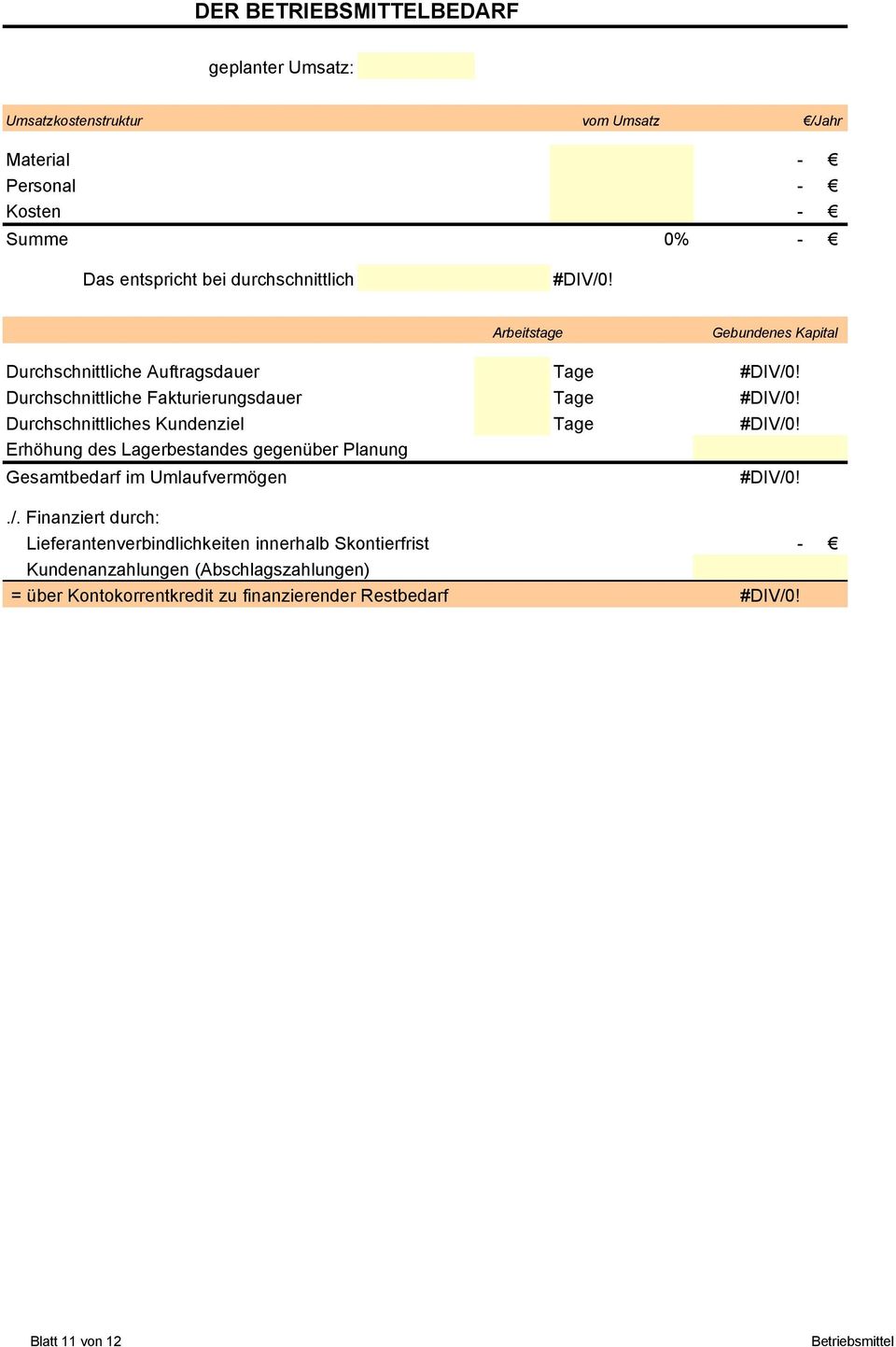 Durchschnittliches Kundenziel Tage #DIV/0! Erhöhung des Lagerbestandes gegenüber Planung Gesamtbedarf im Umlaufvermögen./. Finanziert durch: #DIV/0!