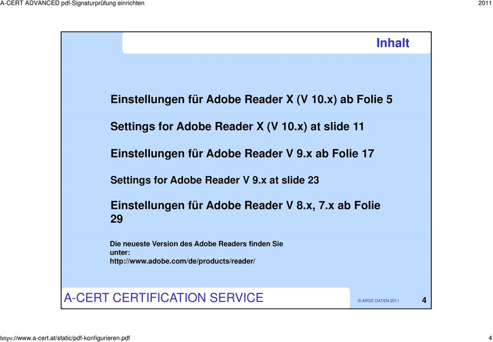 x at slide 23 Einstellungen für Adobe Reader V 8.x, 7.