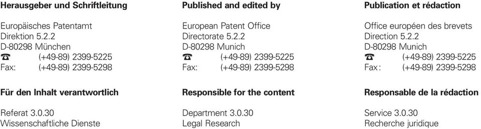 2.2 D-80298 Munich (+49-89) 2399-5225 Fax : (+49-89) 2399-5298 Für den Inhalt verantwortlich Referat 3.0.30 Wissenschaftliche Dienste Responsible for the content Department 3.