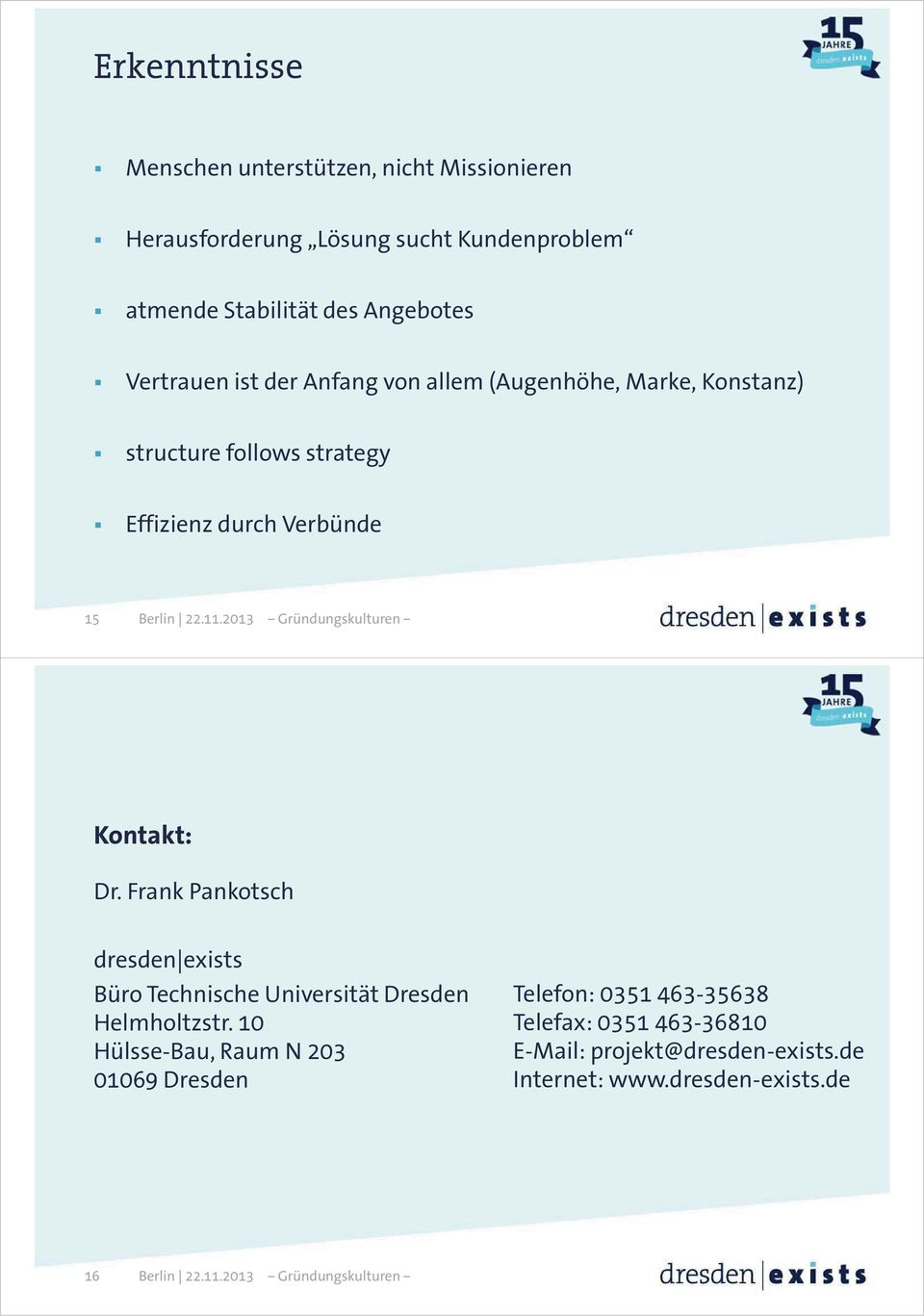 2013 Gründungskulturen Kontakt: Dr. Frank Pankotsch dresden exists Büro Technische Universität Dresden Helmholtzstr.