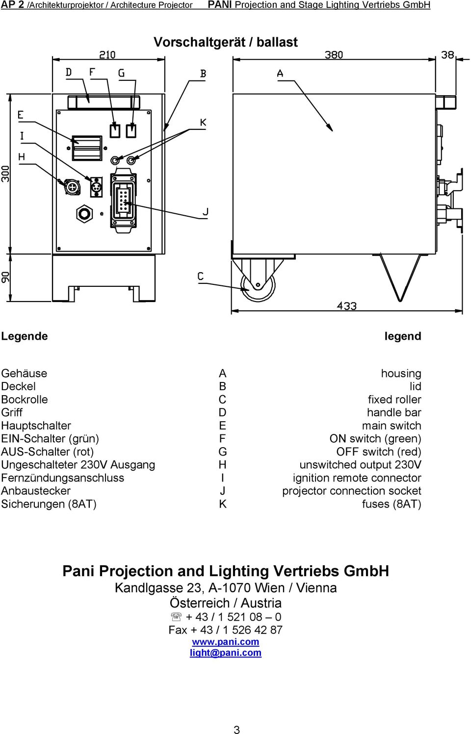 Fernzündungsanschluss I ignition remote connector Anbaustecker J projector connection socket Sicherungen (8AT) K fuses (8AT) Pani Projection