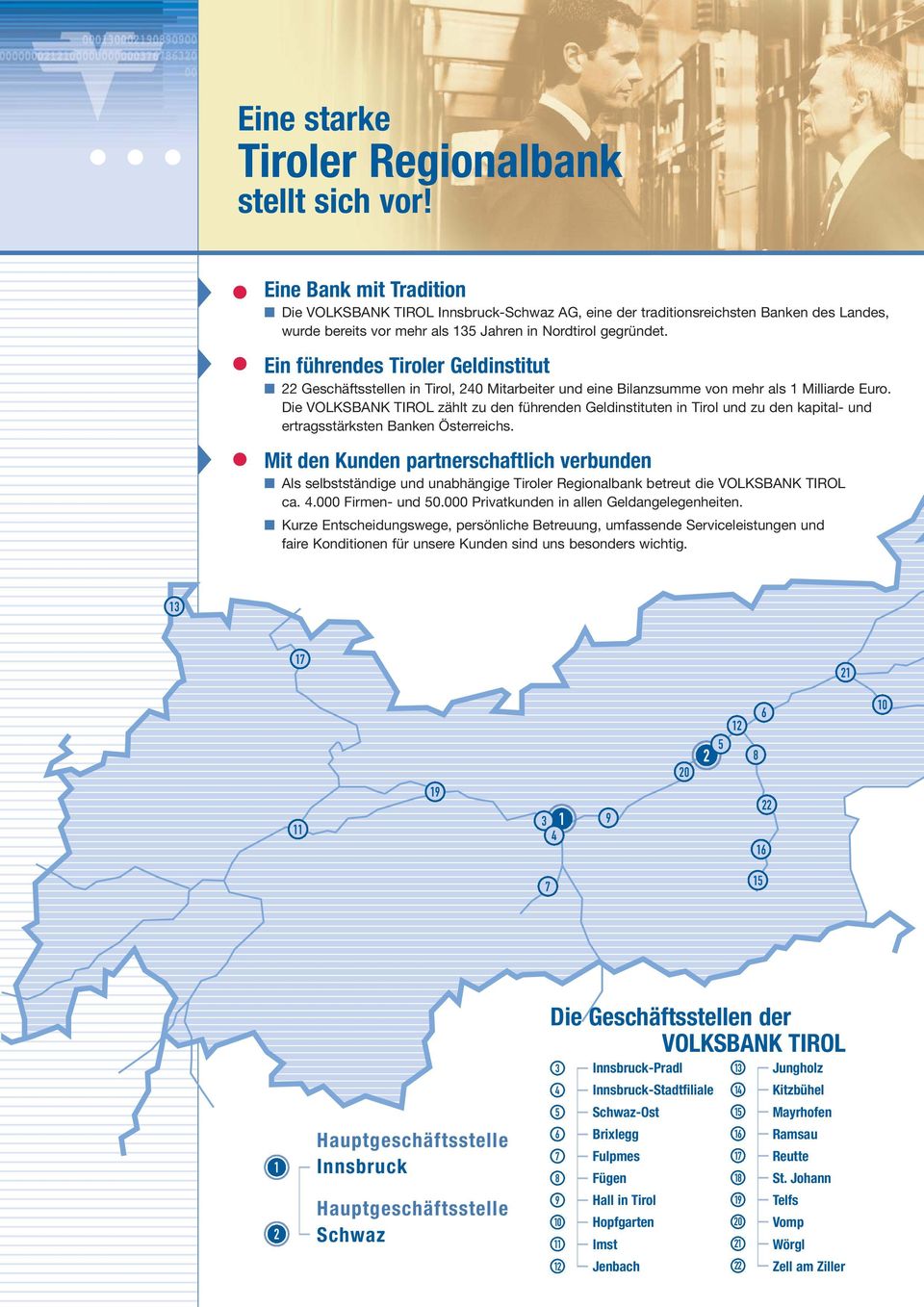 Ein führendes Tiroler Geldinstitut Geschäftsstellen in Tirol, 0 Mitarbeiter und eine Bilanzsumme von mehr als Milliarde Euro.