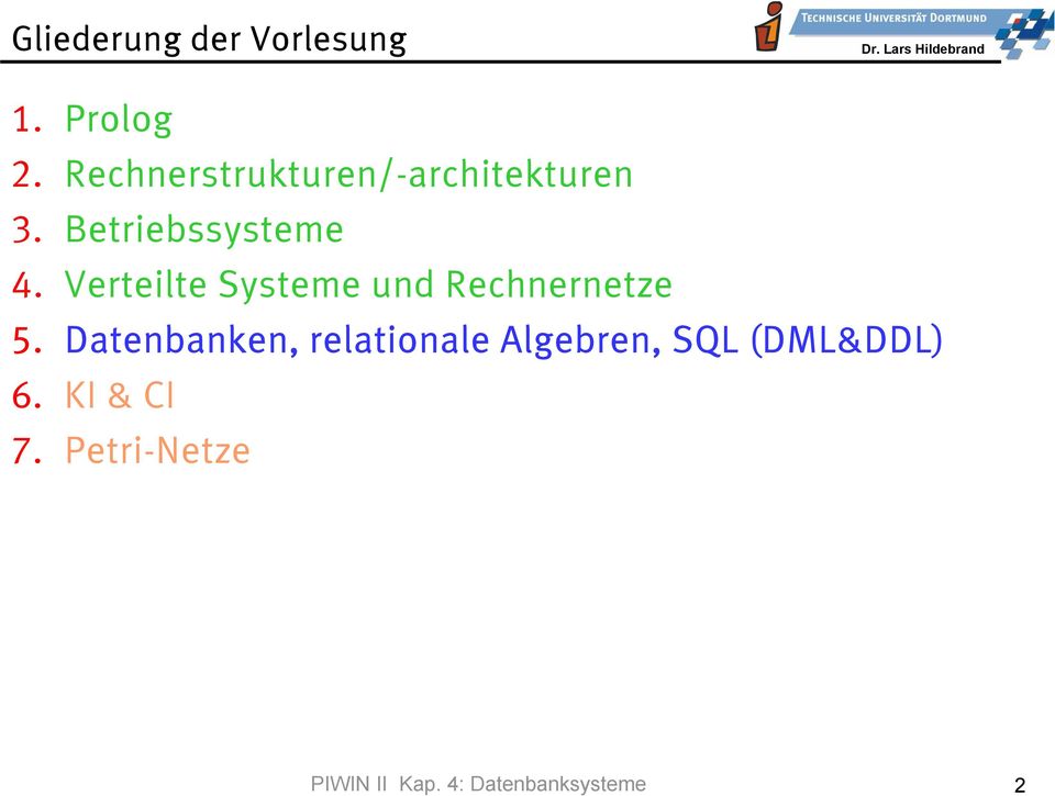 Rechnerstrukturen/-architekturen 3. Betriebssysteme 4.
