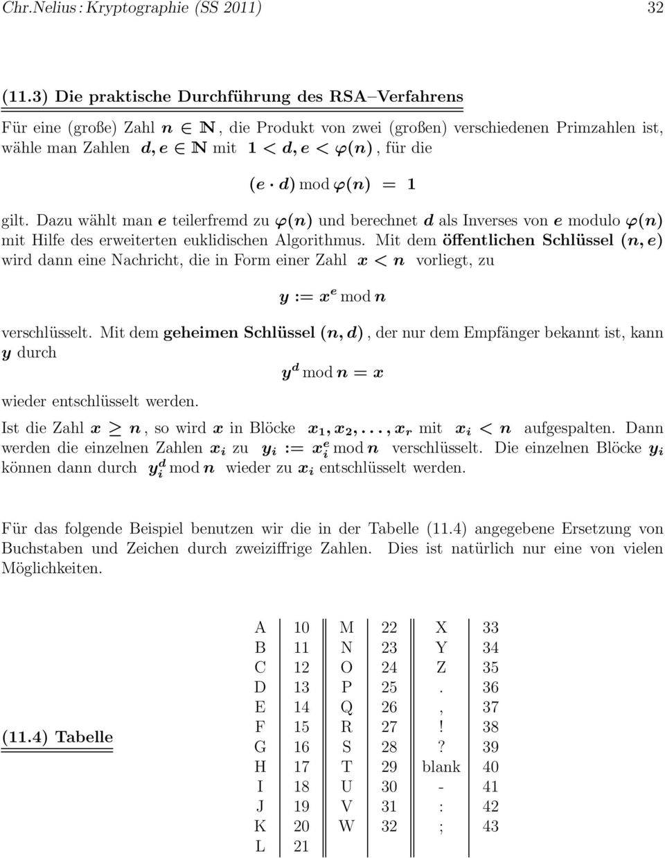 ϕ(n) = 1 gilt. Dazu wählt man e teilerfremd zu ϕ(n) und berechnet d als Inverses von e modulo ϕ(n) mit Hilfe des erweiterten euklidischen Algorithmus.