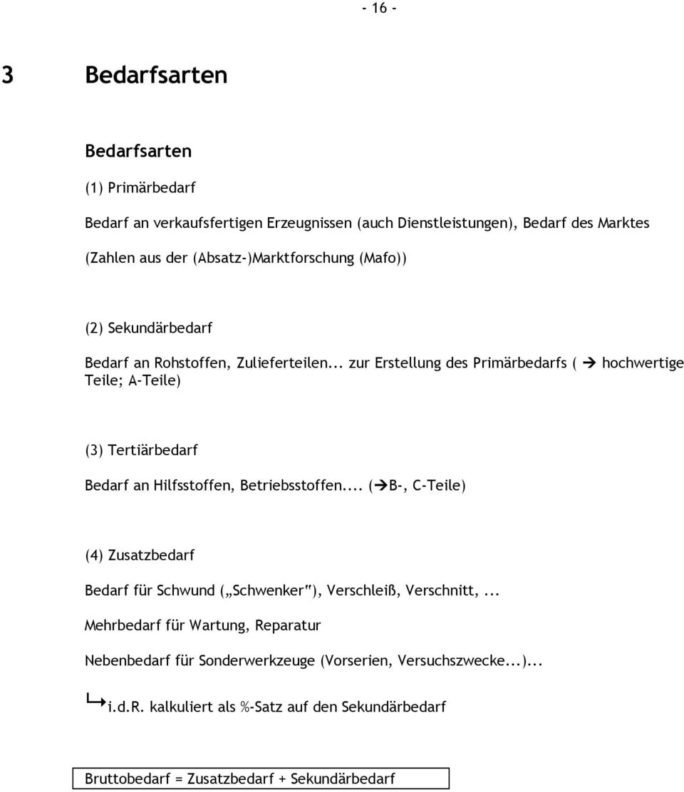 .. zur Erstellung des Primärbedarfs ( hochwertige Teile; A-Teile) (3) Tertiärbedarf Bedarf an Hilfsstoffen, Betriebsstoffen.