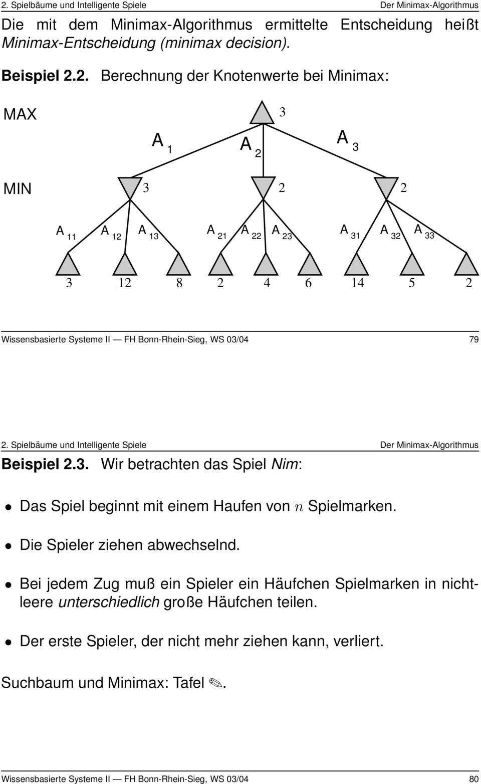 Bonn-Rhein-Sieg, WS 03/04 79 Beispiel 2.3. Wir betrachten das Spiel Nim: Das Spiel beginnt mit einem Haufen von n Spielmarken. Die Spieler ziehen abwechselnd.