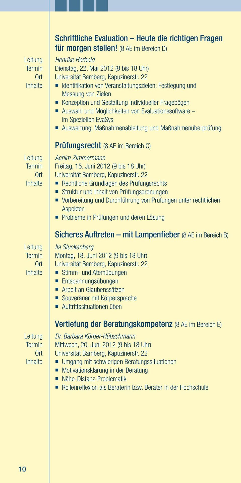 Auswertung, Maßnahmenableitung und Maßnahmenüberprüfung Prüfungsrecht (8 AE im Bereich C) Achim Zimmermann Freitag, 15. Juni 2012 (9 bis 18 Uhr) Universität Bamberg, Kapuzinerstr.