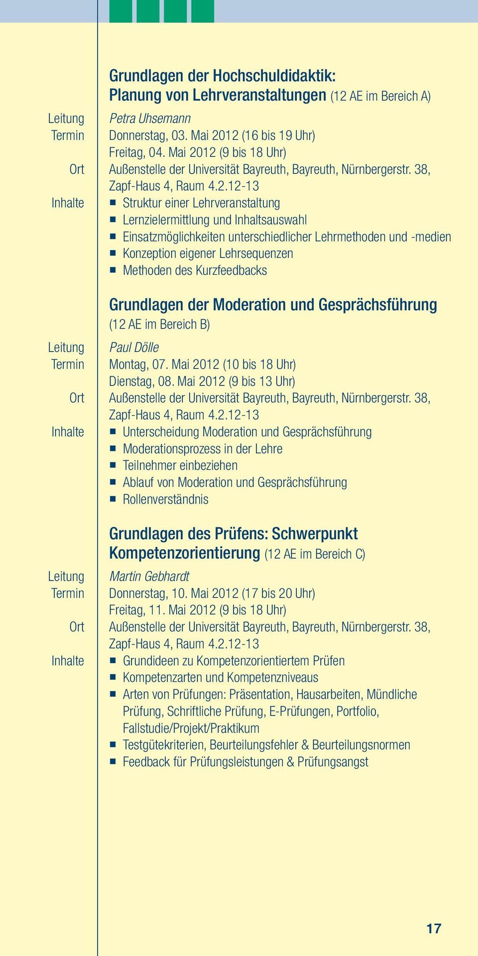 12 (9 bis 18 Uhr) Außenstelle der Universität Bayreuth, Bayreuth, Nürnbergerstr. 38, Zapf-Haus 4, Raum 4.2.12-13 Struktur einer Lehrveranstaltung Lernzielermittlung und Inhaltsauswahl