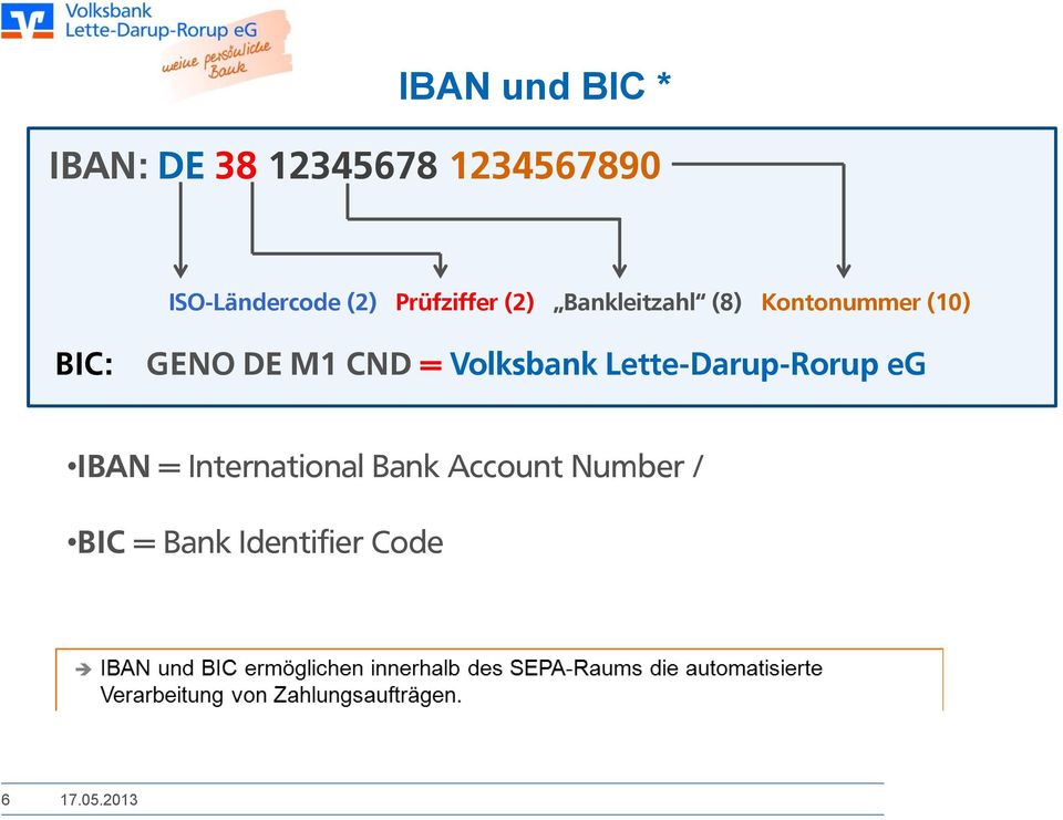 Kontonummer (10) BIC: GENO DE M1 CND = Volksbank