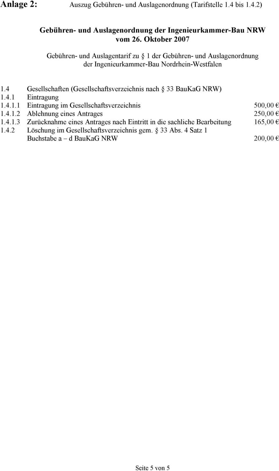 4 Gesellschaften (Gesellschaftsverzeichnis nach 33 BauKaG NRW) 1.4.1 Eintragung 1.4.1.1 Eintragung im Gesellschaftsverzeichnis 500,00 1.4.1.2 Ablehnung eines Antrages 250,00 1.