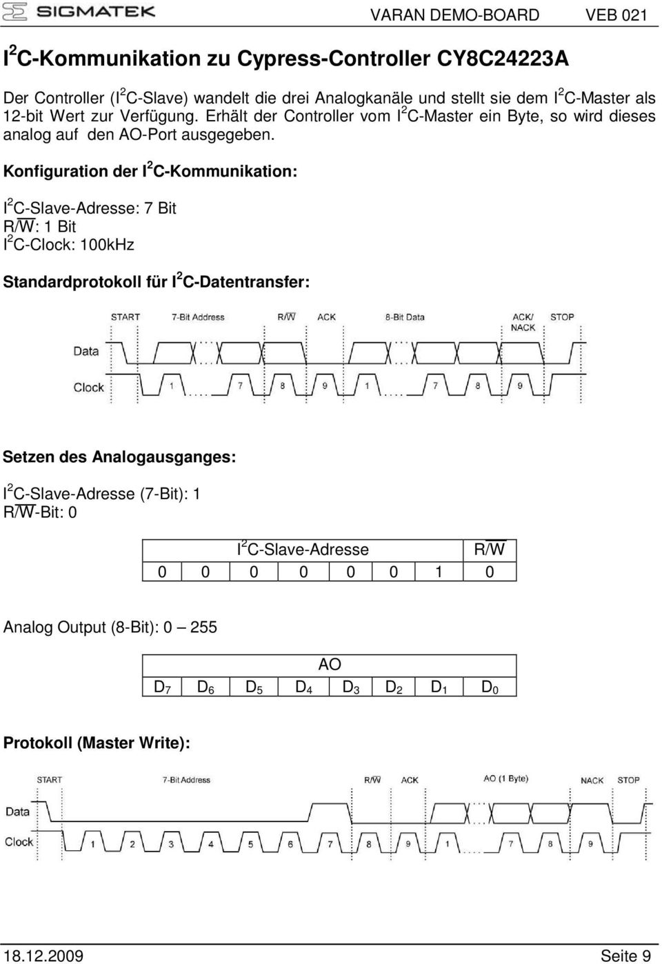 Konfiguration der I 2 C-Kommunikation: I 2 C-Slave-Adresse: 7 Bit R/W: 1 Bit I 2 C-Clock: 100kHz Standardprotokoll für I 2 C-Datentransfer: Setzen des