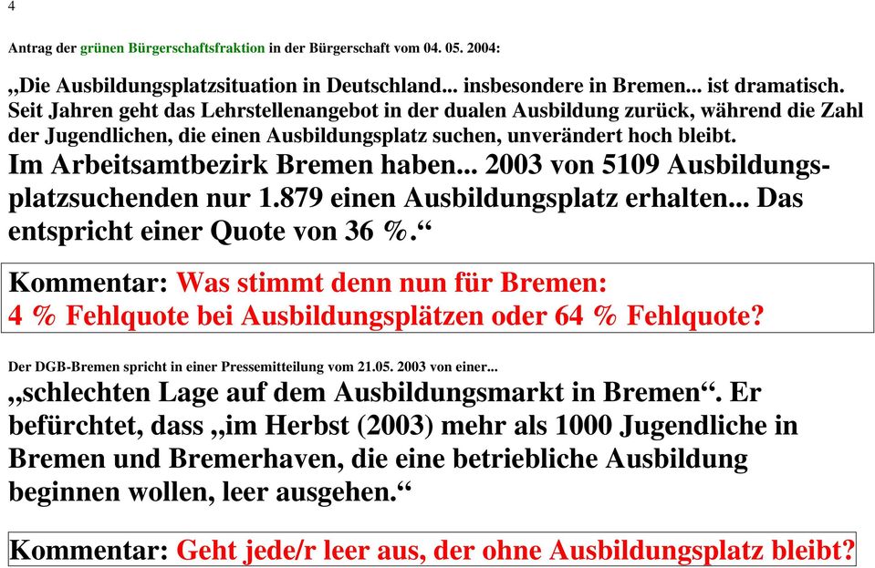 Im Arbeitsamtbezirk Bremen haben... 2003 von 5109 Ausbildungsplatzsuchenden nur 1.879 einen Ausbildungsplatz erhalten... Das entspricht einer Quote von 36 %.