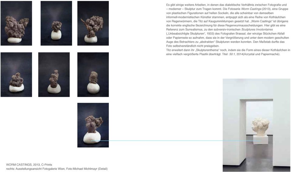 Die Fotoserie Worm Castings (2013), eine Gruppe von plastischen Figurationen auf hellen Sockeln, die alle scheinbar von demselben informell-modernistischen Künstler stammen, entpuppt sich als eine