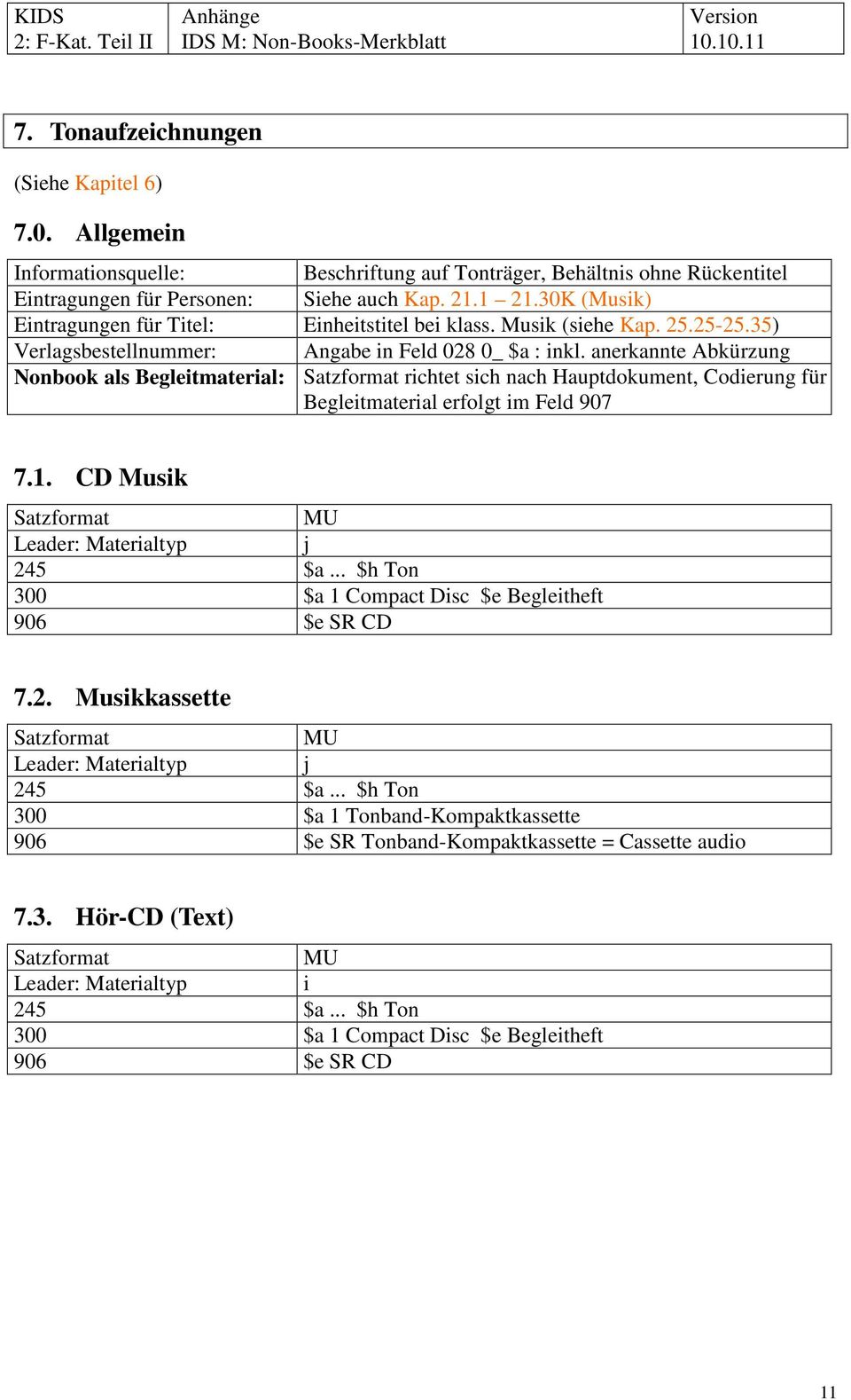 anerkannte Abkürzung Nonbook als Begleitmaterial: richtet sich nach Hauptdokument, Codierung für Begleitmaterial erfolgt im Feld 907 7.1. CD Musik MU j 245 $a.
