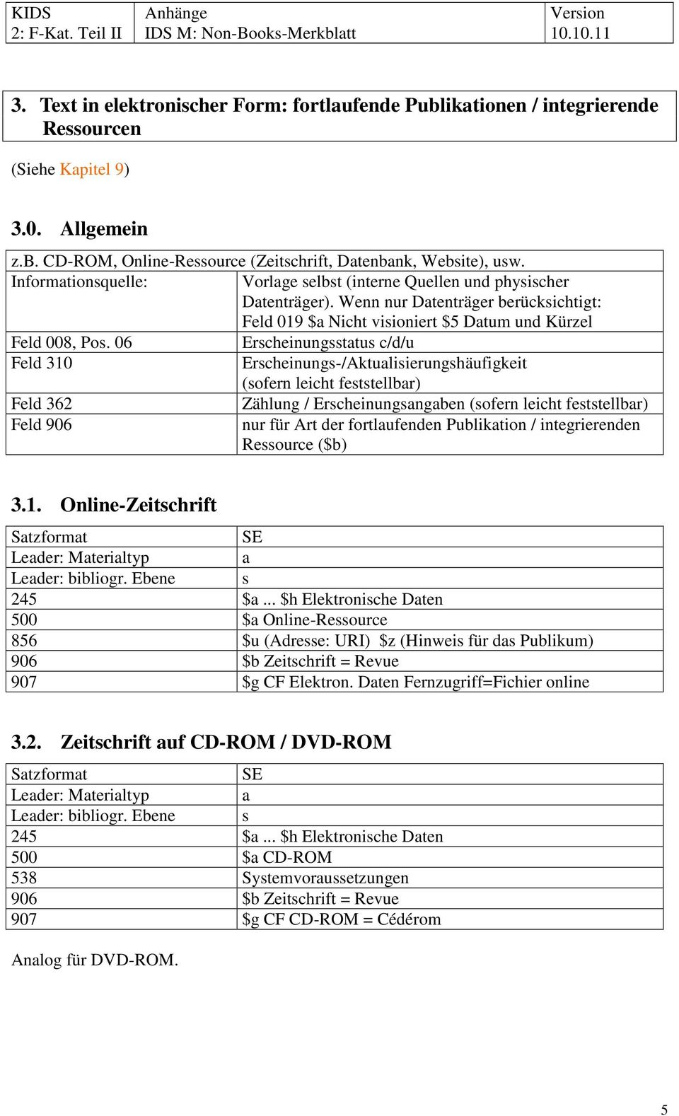 06 Erscheinungsstatus c/d/u Feld 310 Erscheinungs-/Aktualisierungshäufigkeit (sofern leicht feststellbar) Feld 362 Zählung / Erscheinungsangaben (sofern leicht feststellbar) Feld 906 nur für Art der