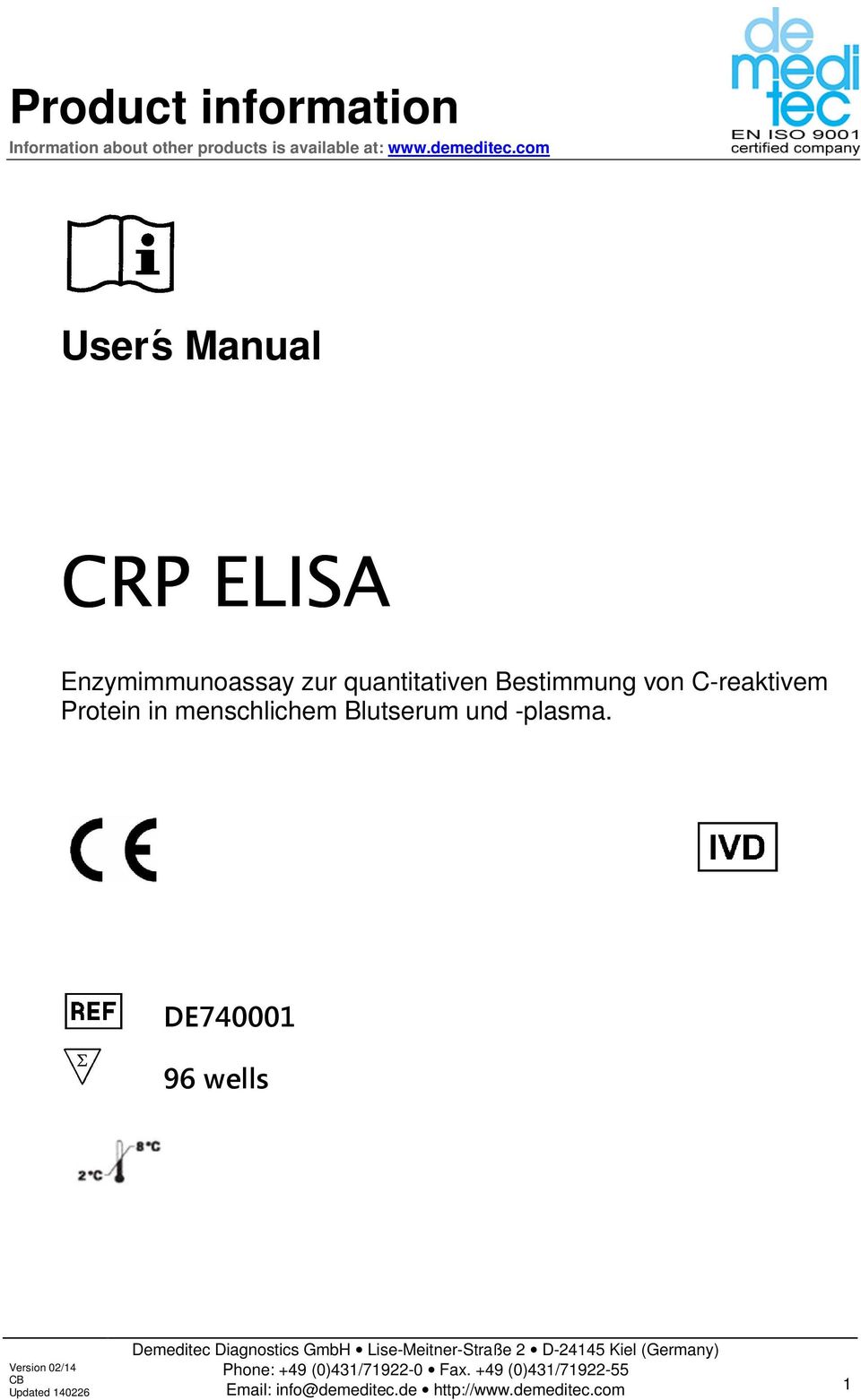 com Userś Manual CRP ELISA Enzymimmunoassay zur quantitativen Bestimmung