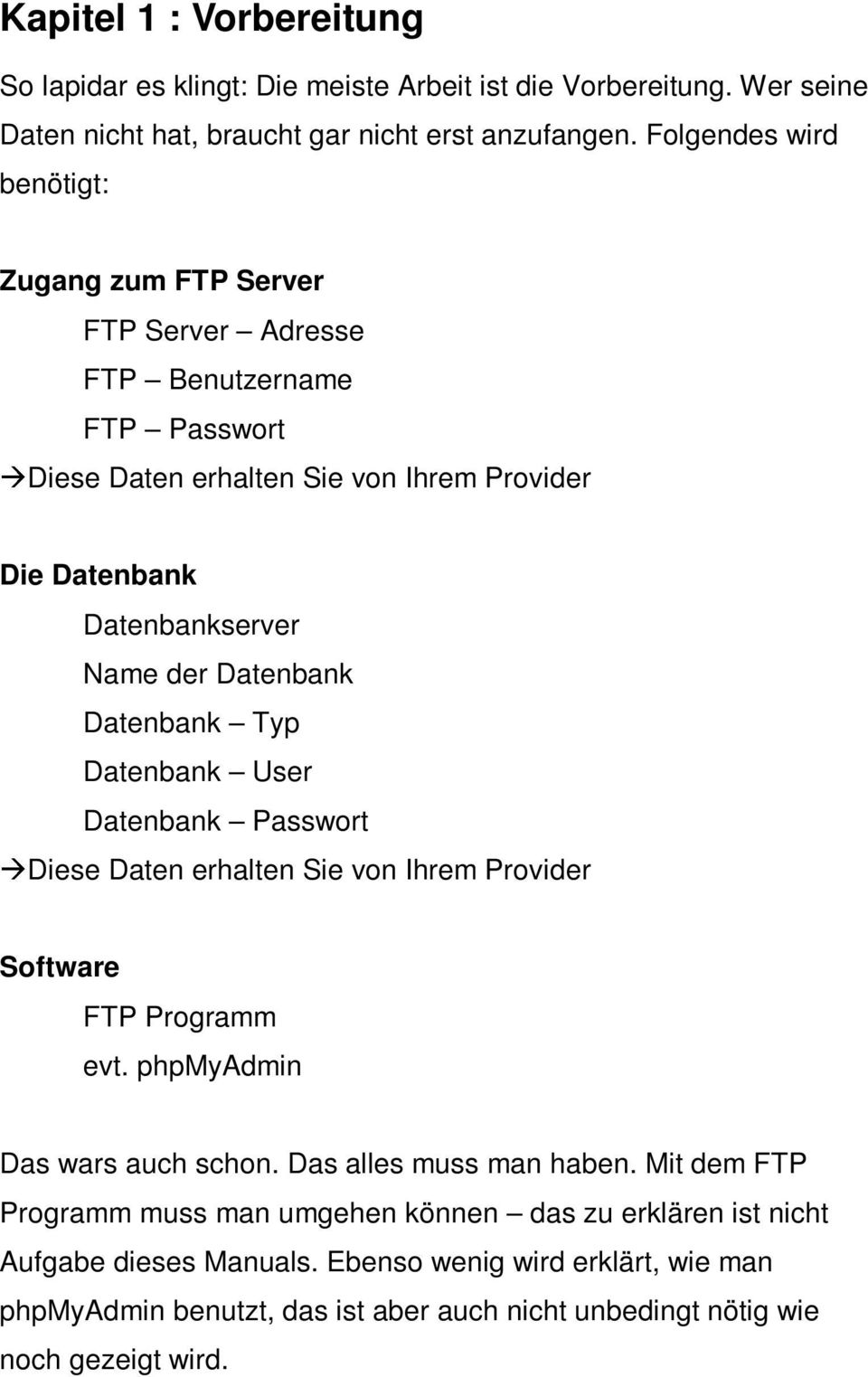 Datenbank Datenbank Typ Datenbank User Datenbank Passwort Diese Daten erhalten Sie von Ihrem Provider Software FTP Programm evt. phpmyadmin Das wars auch schon.