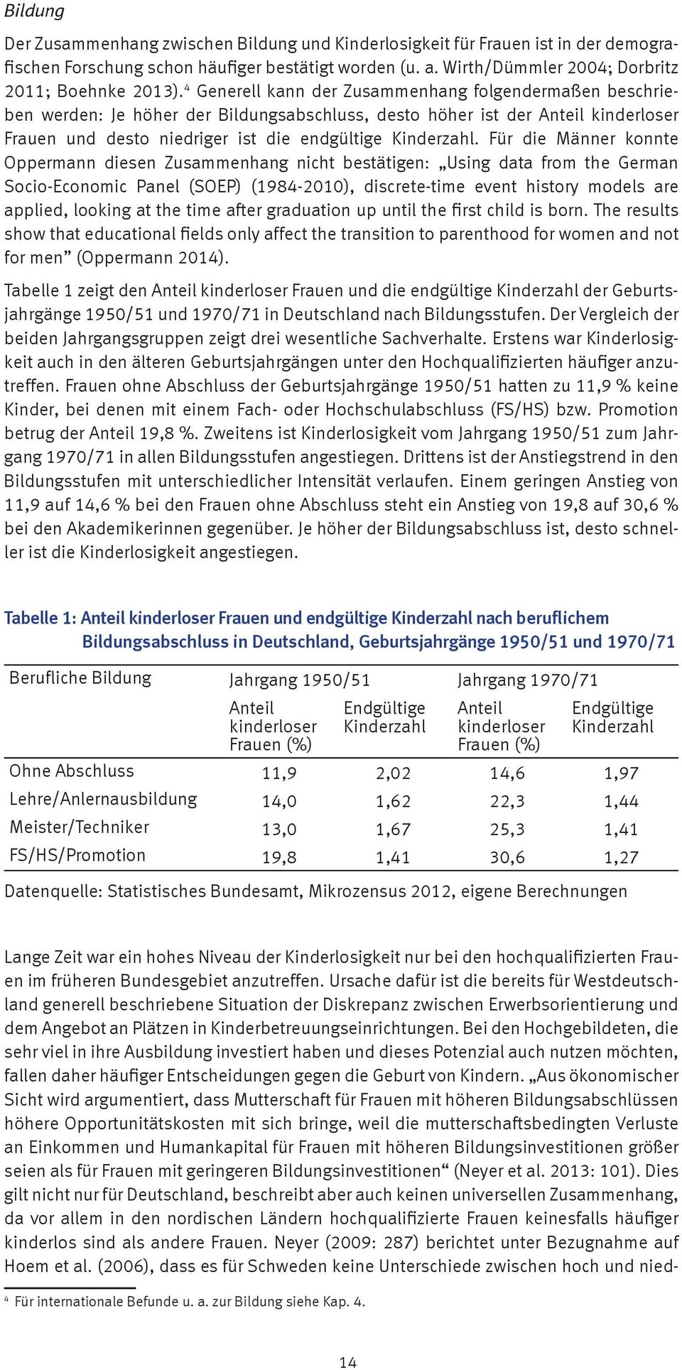Für die Männer konnte Oppermann diesen Zusammenhang nicht bestätigen: Using data from the German Socio-Economic Panel (SOEP) (1984-2010), discrete-time event history models are applied, looking at