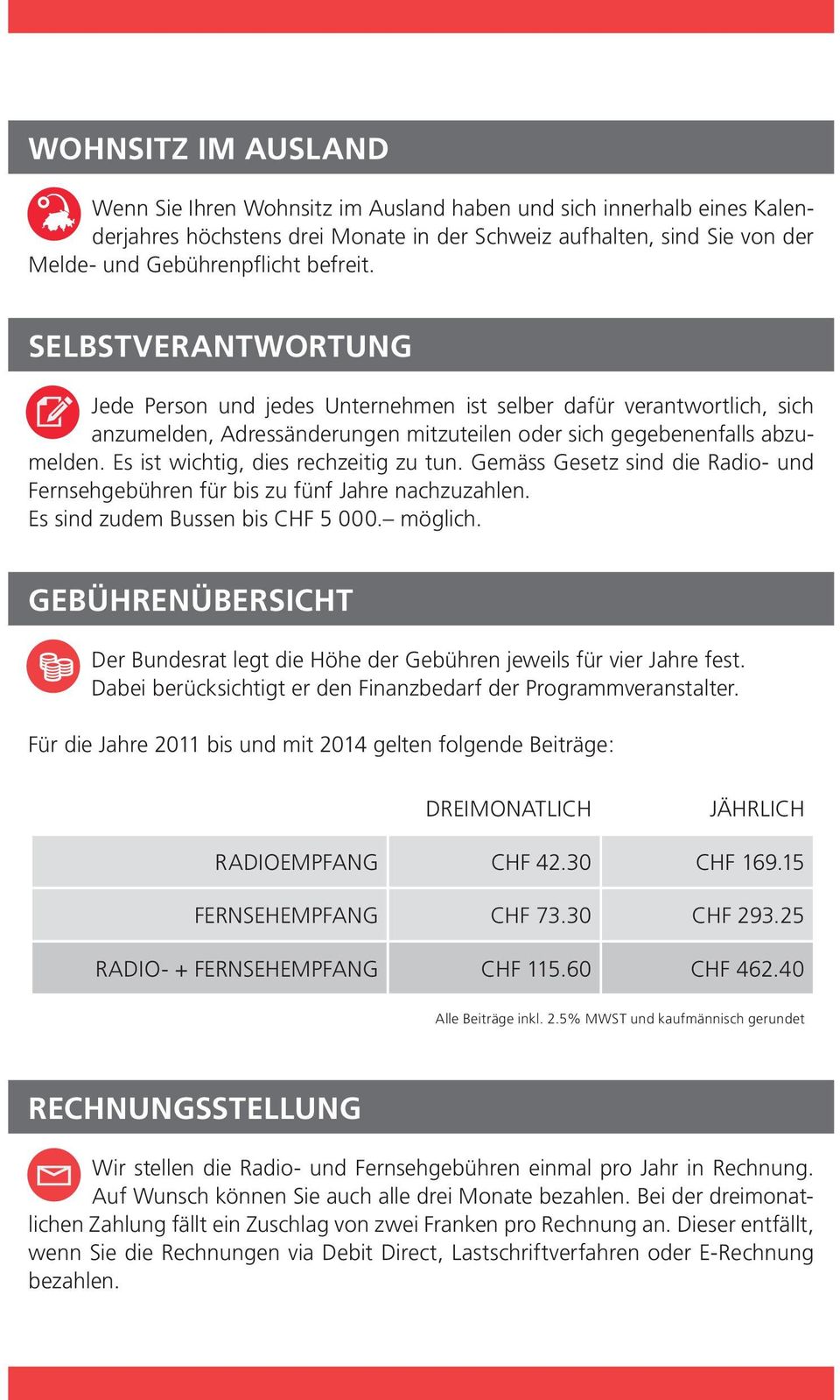 Es ist wichtig, dies rechzeitig zu tun. Gemäss Gesetz sind die Radio- und Fernsehgebühren für bis zu fünf Jahre nachzuzahlen. Es sind zudem Bussen bis CHF 5 000. möglich.