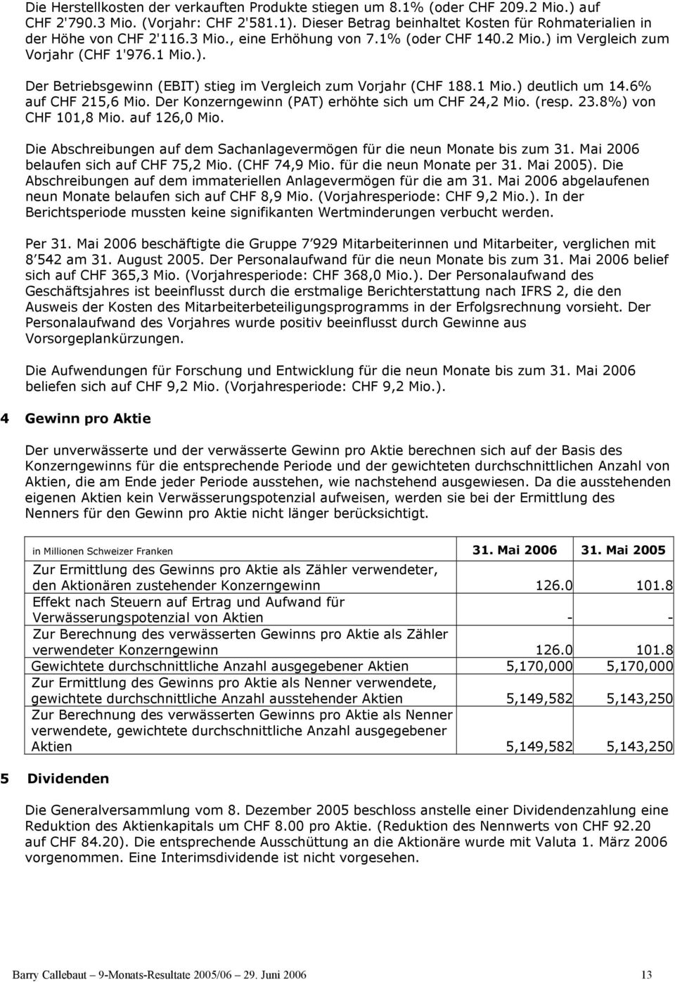 1 Mio.) deutlich um 14.6% auf CHF 215,6 Mio. Der Konzerngewinn (PAT) erhöhte sich um CHF 24,2 Mio. (resp. 23.8%) von CHF 101,8 Mio. auf 126,0 Mio.