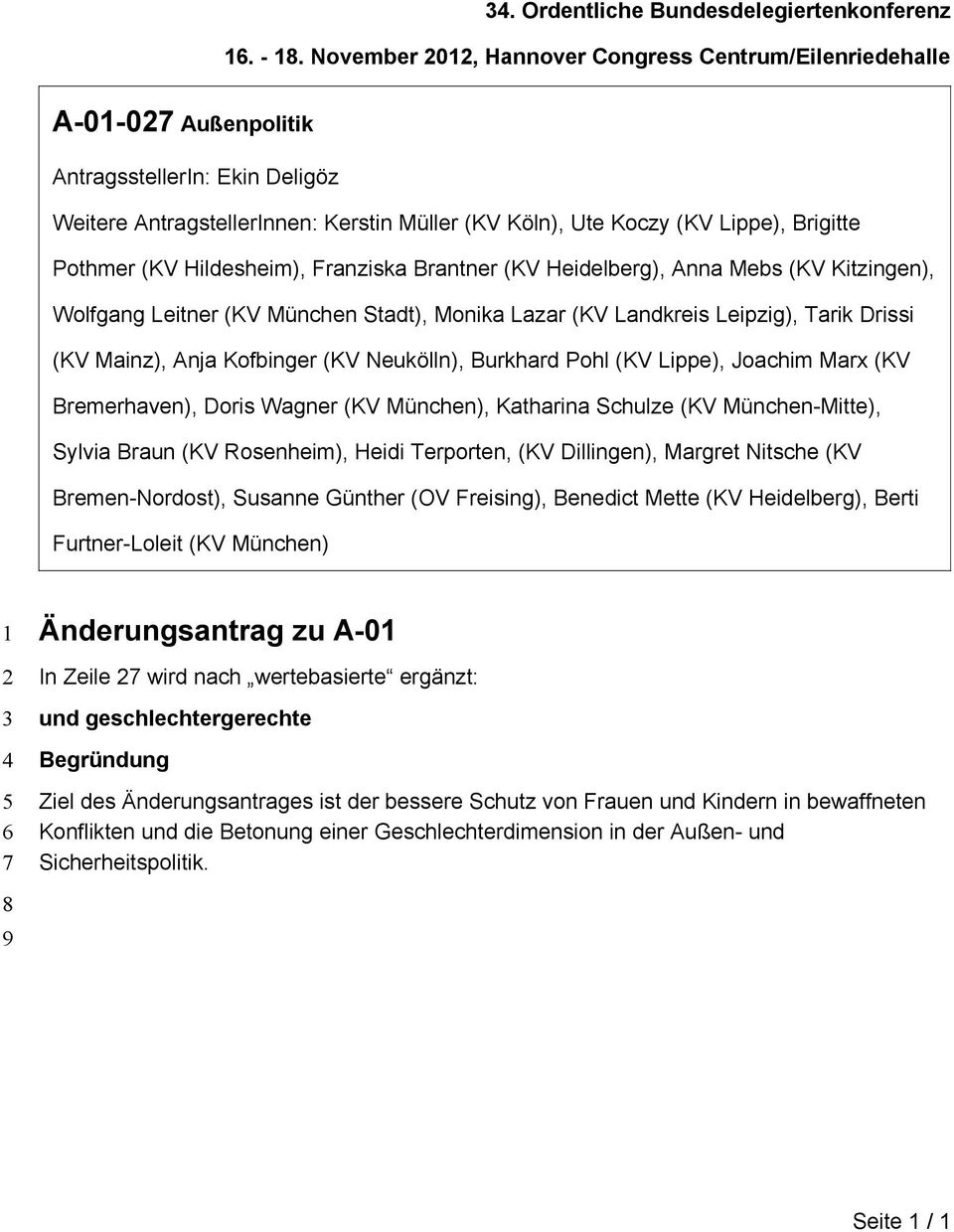 Kofbinger (KV Neukölln), Burkhard Pohl (KV Lippe), Joachim Marx (KV Bremerhaven), Doris Wagner (KV München), Katharina Schulze (KV München-Mitte), Sylvia Braun (KV Rosenheim), Heidi Terporten, (KV
