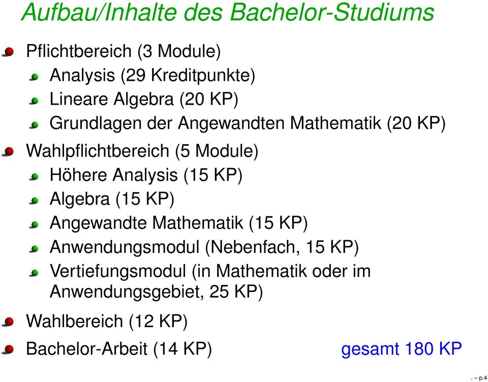 KP) Algebra (15 KP) Angewandte Mathematik (15 KP) Anwendungsmodul (Nebenfach, 15 KP) Vertiefungsmodul (in