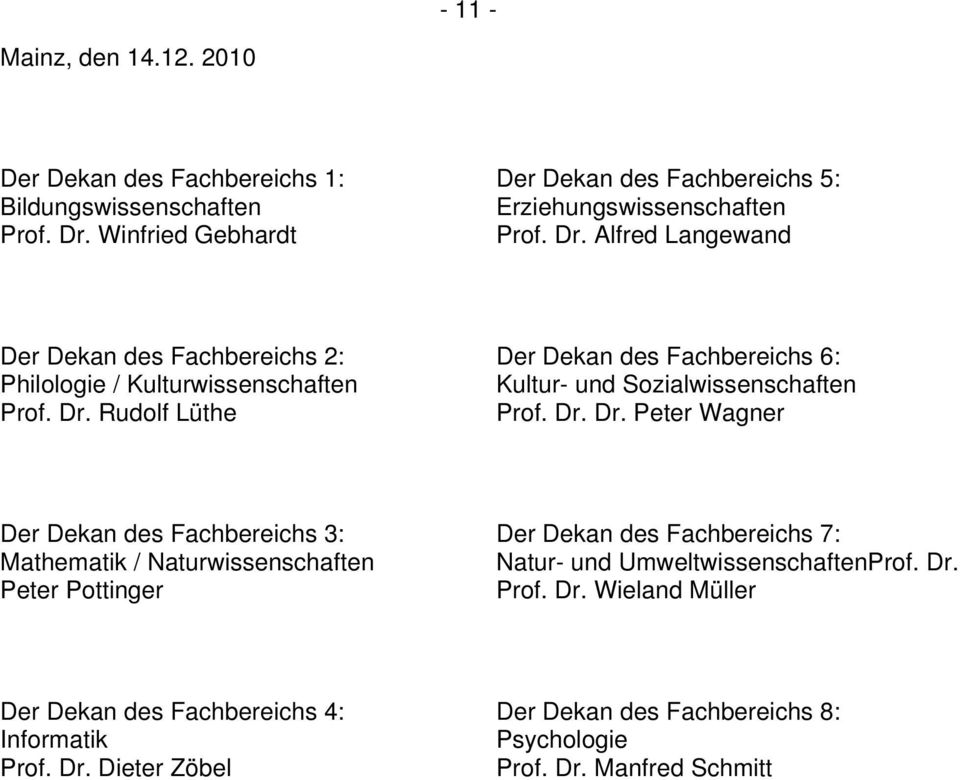 Alfred Langewand Der Dekan des Fachbereichs 2: Der Dekan des Fachbereichs 6: Philologie / Kulturwissenschaften Kultur- und Sozialwissenschaften Prof. Dr.