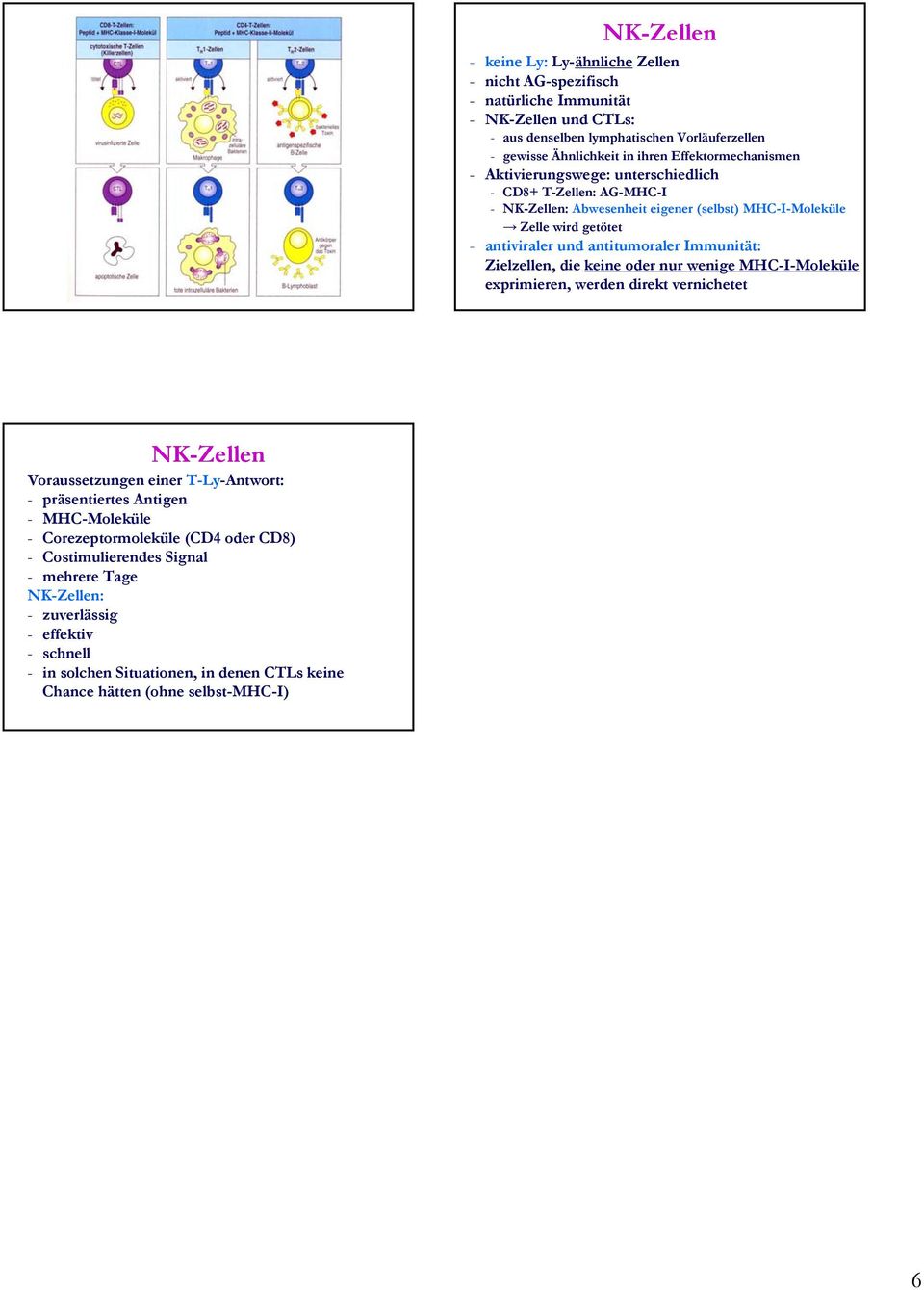 Immunität: Zielzellen, die keine oder nur wenige MHC-I-Moleküle exprimieren, werden direkt vernichetet NK-Zellen Voraussetzungen einer T-Ly-Antwort: - präsentiertes Antigen - MHC-Moleküle -