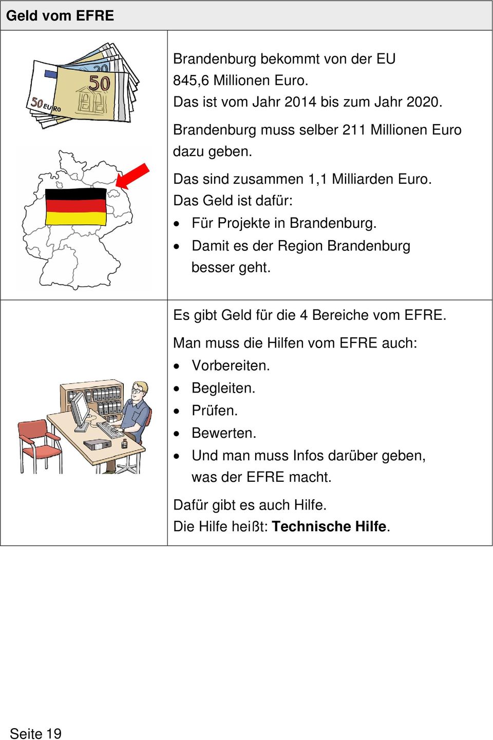 Das Geld ist dafür: Für Projekte in Brandenburg. Damit es der Region Brandenburg besser geht. Es gibt Geld für die 4 Bereiche vom EFRE.