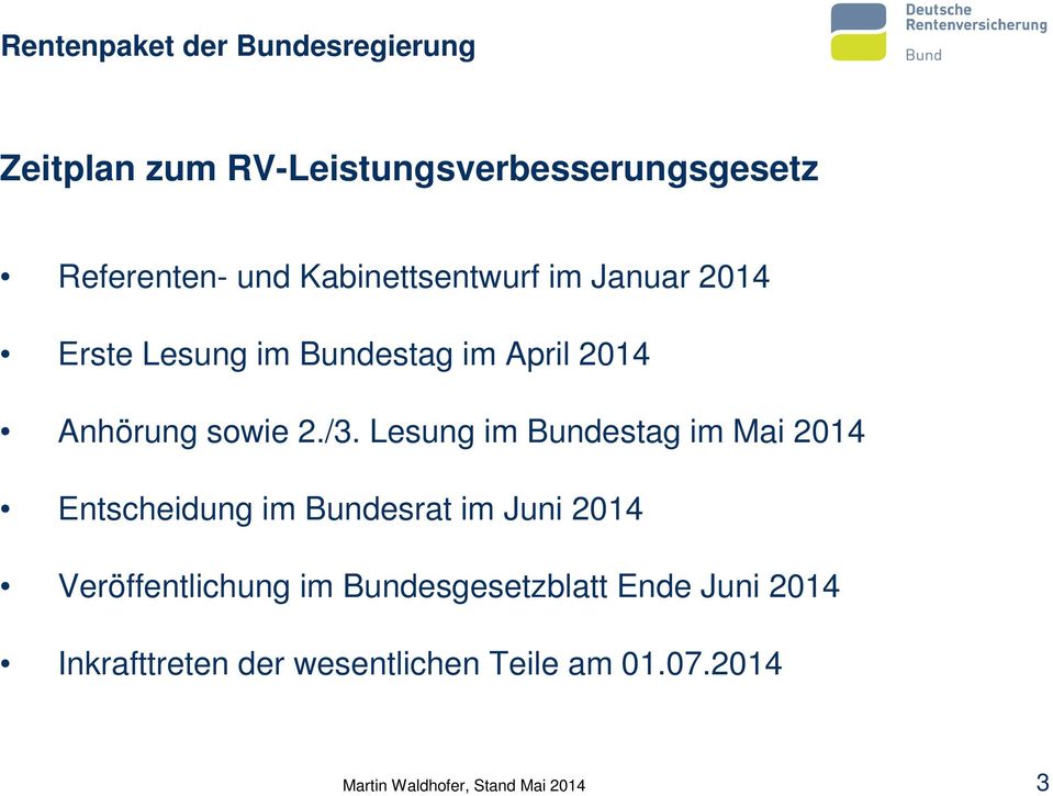 2./3. Lesung im Bundestag im Mai 2014 Entscheidung im Bundesrat im Juni 2014