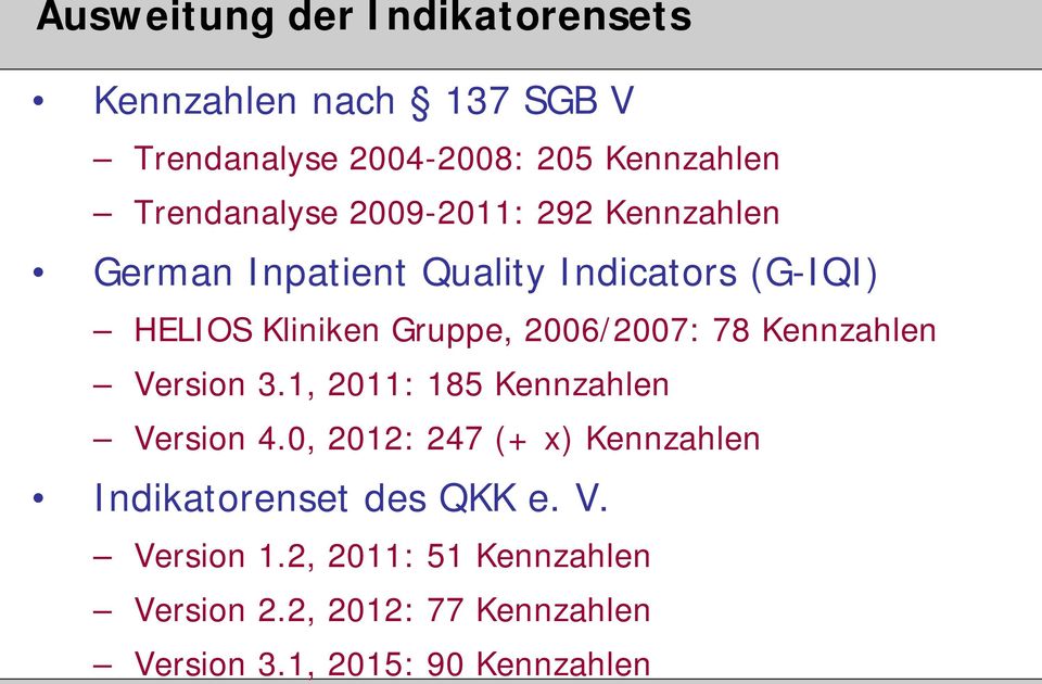 2006/2007: 78 Kennzahlen Version 3.1, 2011: 185 Kennzahlen Version 4.