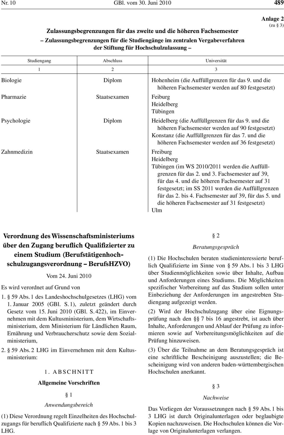 (zu 3) Studiengang Abschluss Universität 1 2 3 Biologie Diplom Hohenheim (die Auffüllgrenzen für das 9.