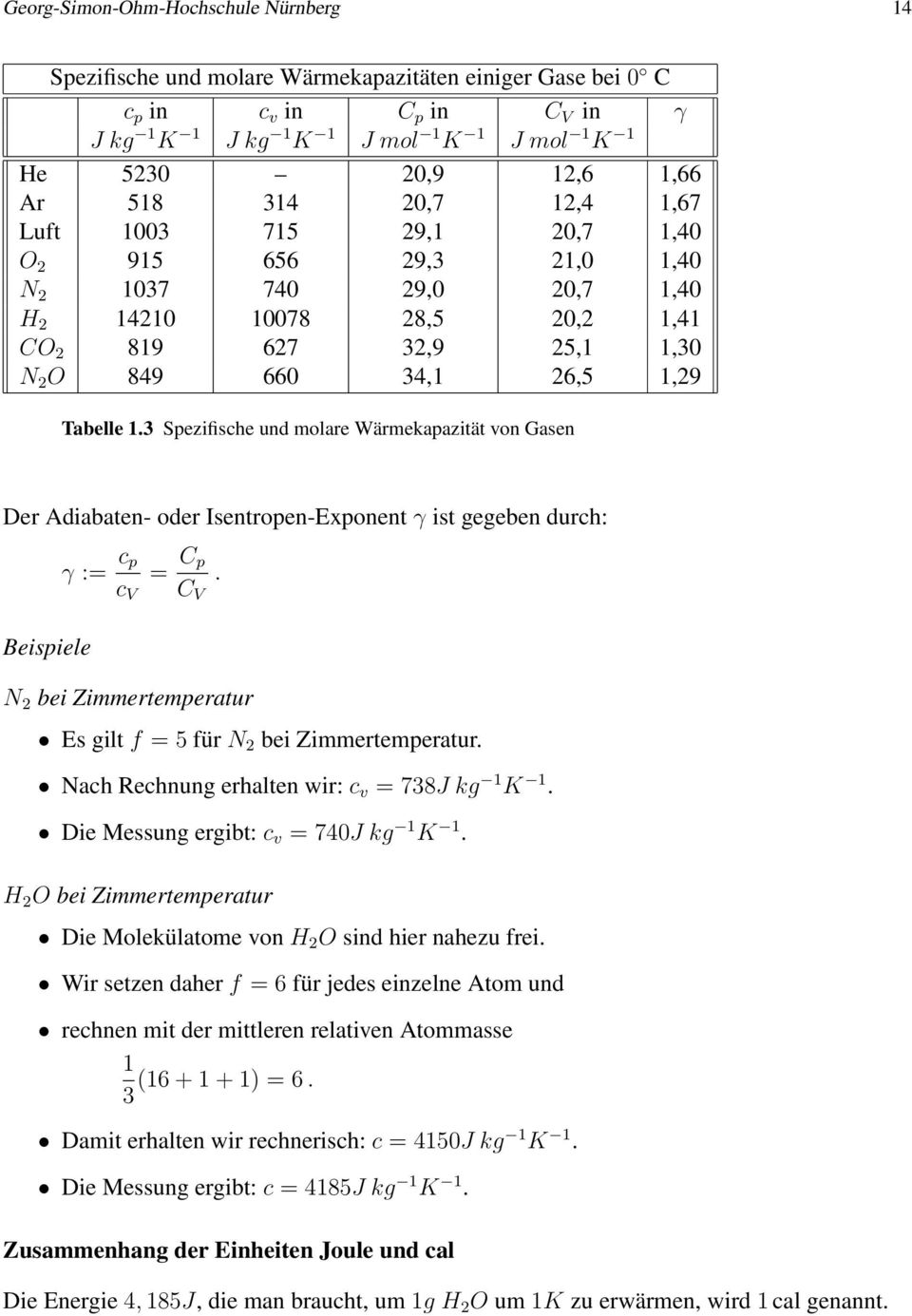 Tabelle 1.3 Spezifische und molare Wärmekapazität von Gasen Der Adiabaten- oder Isentropen-Exponent γ ist gegeben durch: γ := c p c V = C p C V.